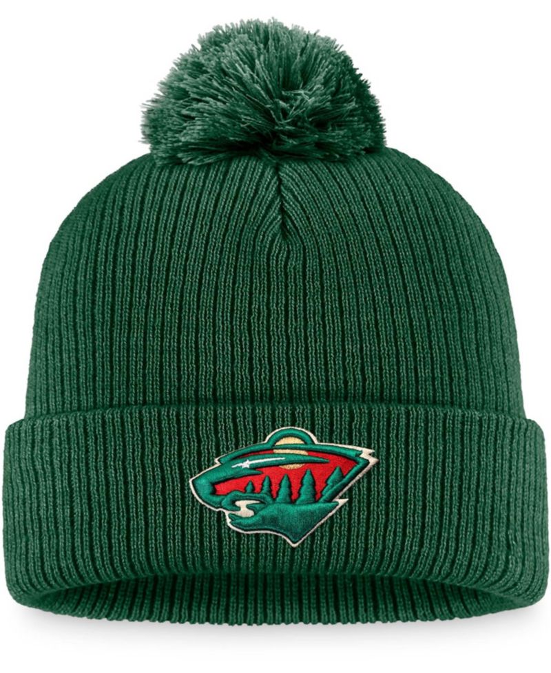 Men's Green Minnesota Wild Core Primary Logo Cuffed Knit Hat with Pom