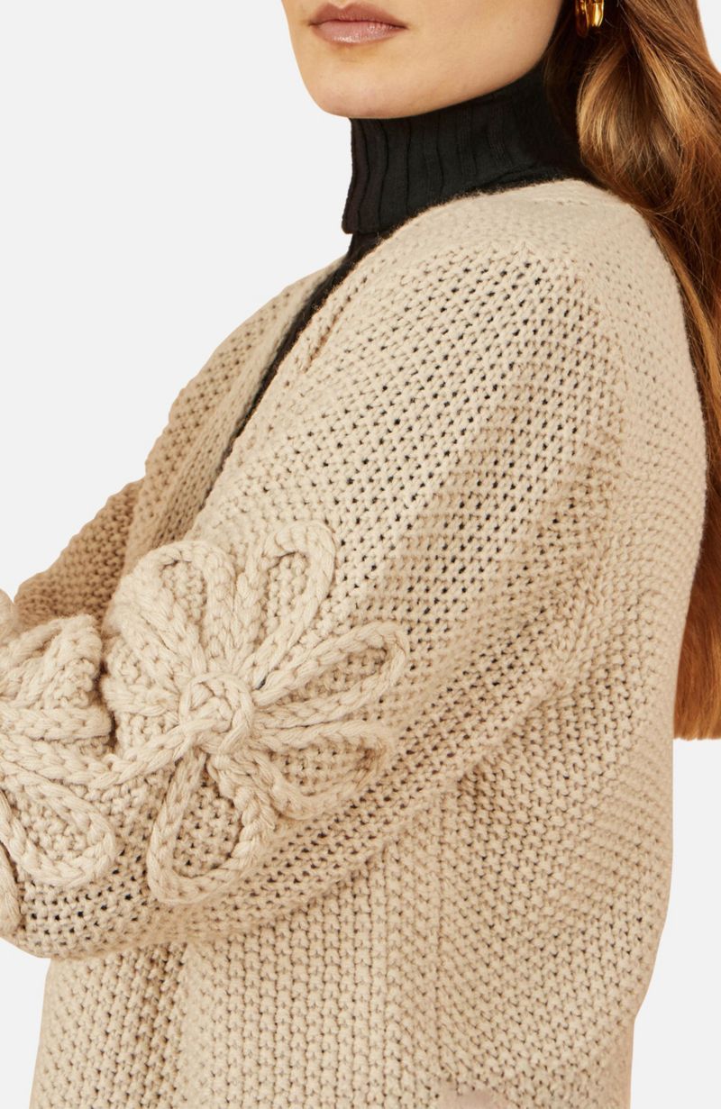Women's Floral Sleeve Chunky Knit Open Front Long Cardigan Sweater