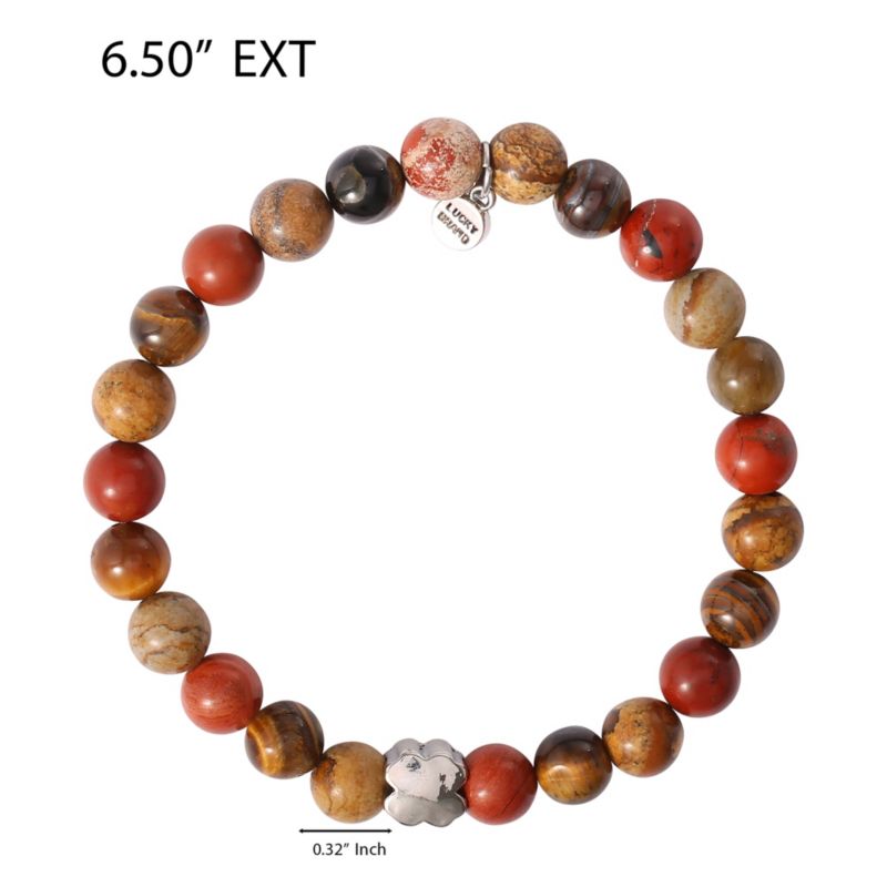Red Jasper Mens Bracelet, Stretch Beaded Bracelet for Men with Clover Logo and Jasper Beads