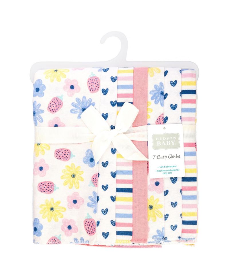 Girl Cotton Poly Flannel Burp Cloths 7-Pack, Flowers And Strawberries, One Size