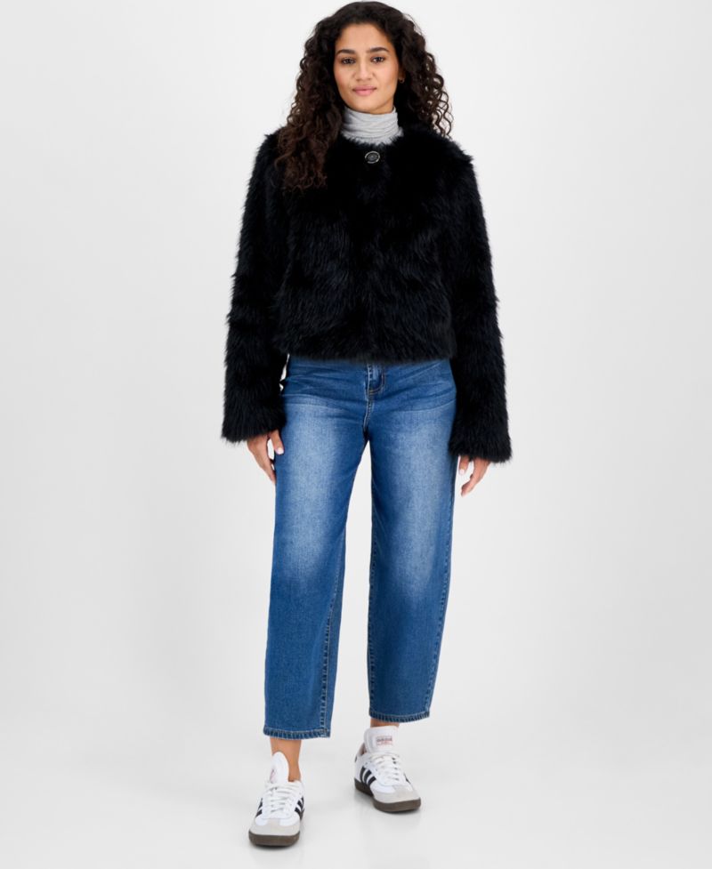 Women's Collarless Short Faux-Fur Coat