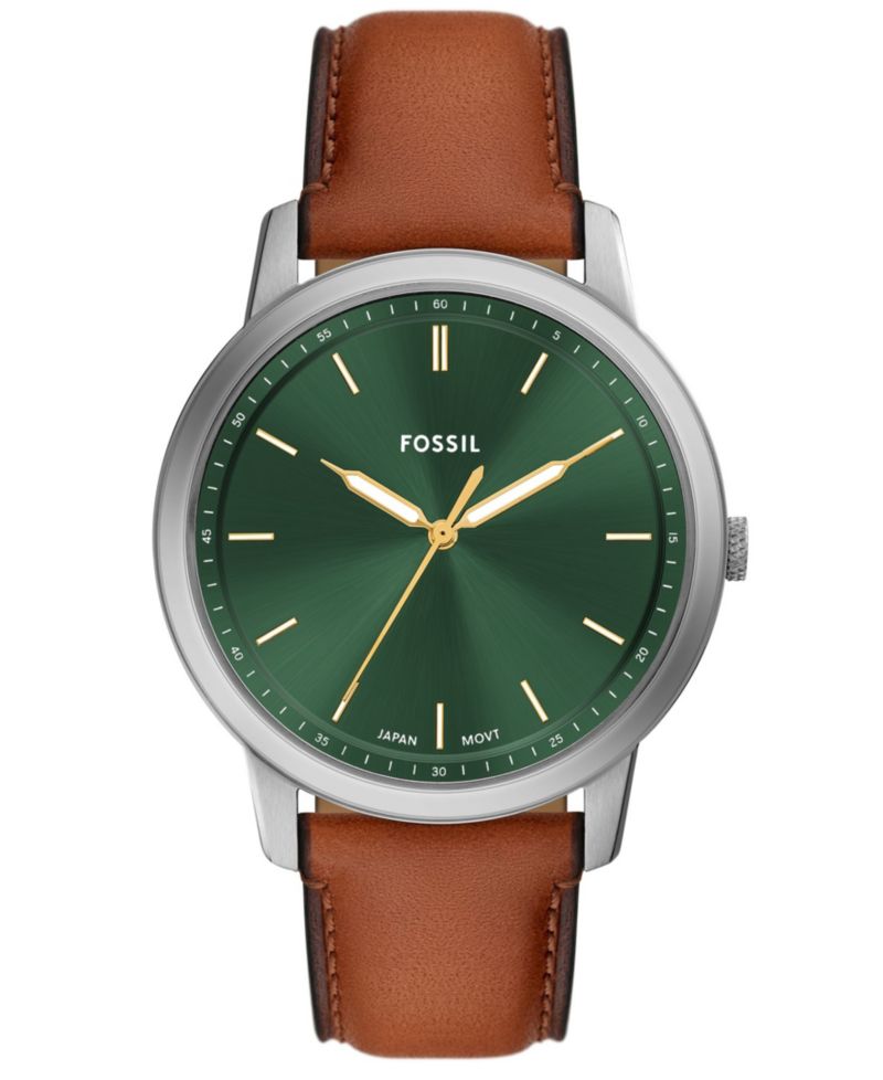 Men's Minimalist Three-Hand Brown Leather Watch, 44mm