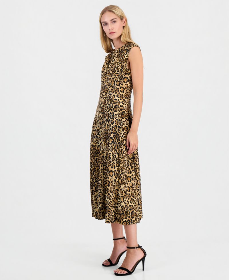 Women's Leopard-Print A-Line Sleeveless Midi Dress