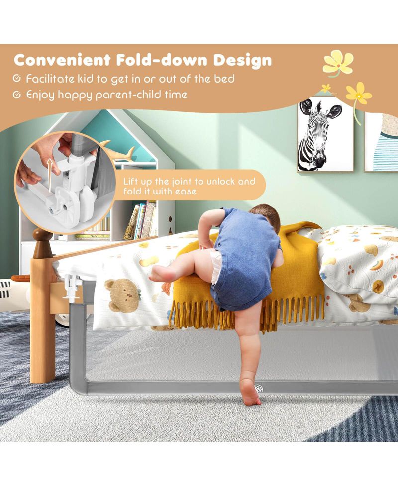 59 Inch Toddler Bed Rail with Safety Strap and Fold Down Mesh Guard