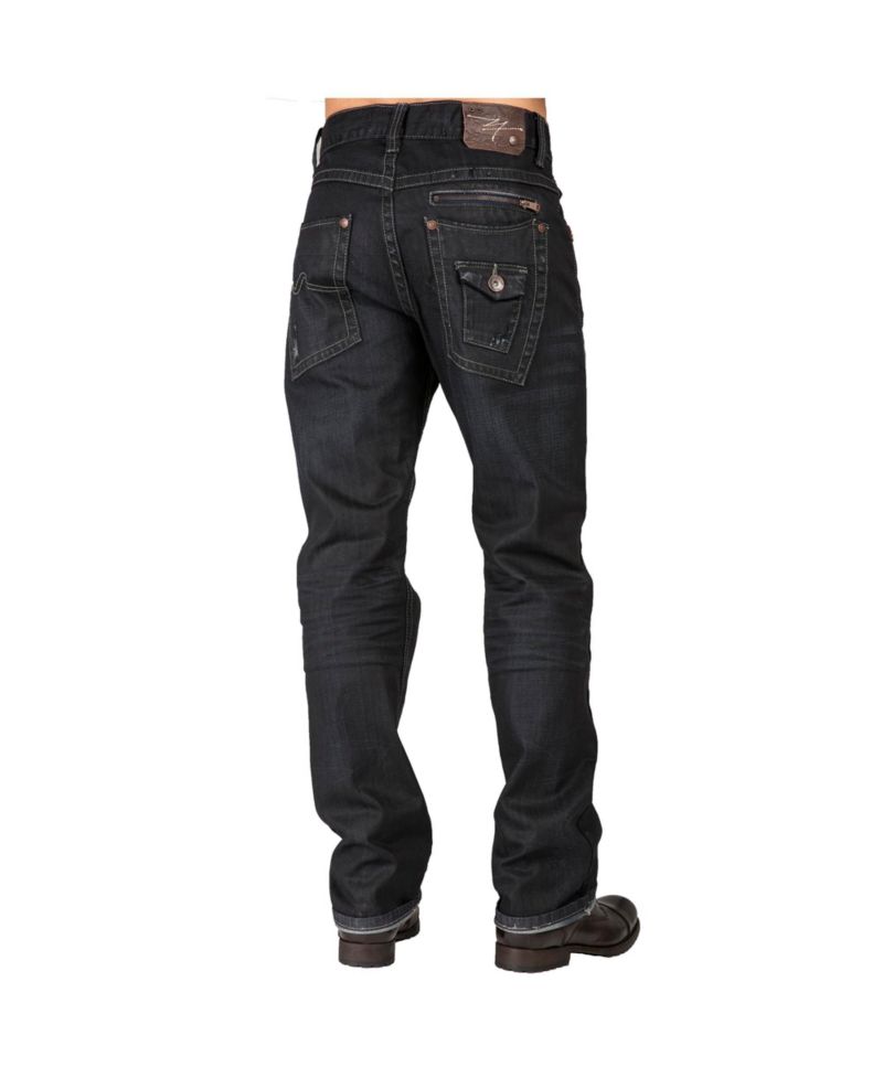 Men's Relaxed Straight Leg Premium Denim Jeans Black Coated Throwback Style Zipper Trim Pockets