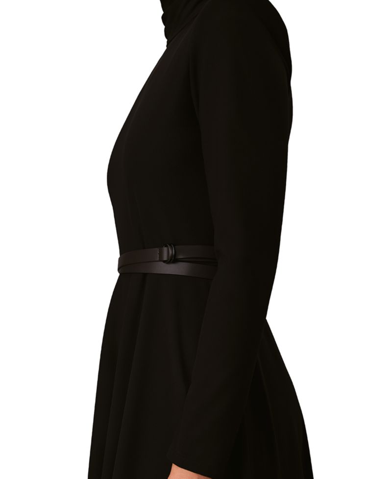 Petite Belted Long-Sleeve Turtleneck A-Line Dress