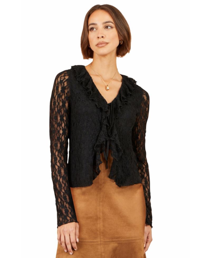Women's Ruffled Tie Neck Long-Sleeve Top