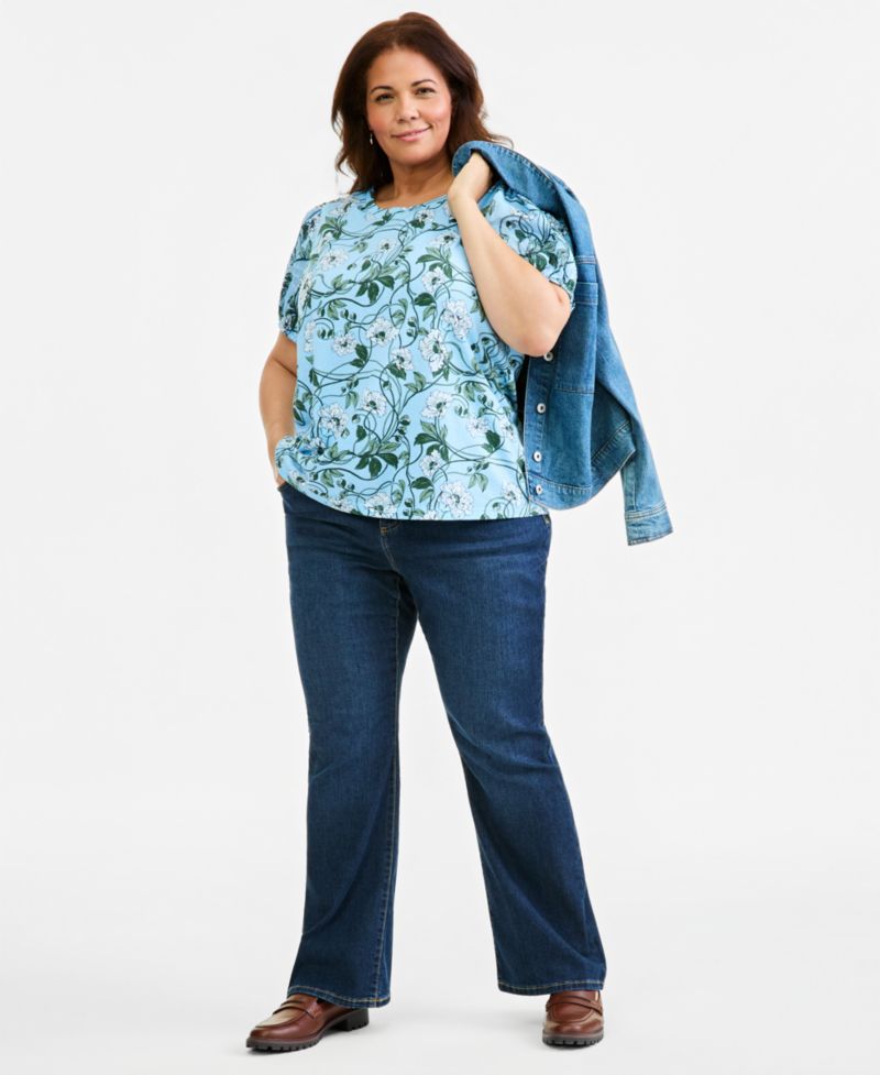 Plus Printed Mix Media Puff-Sleeve Top