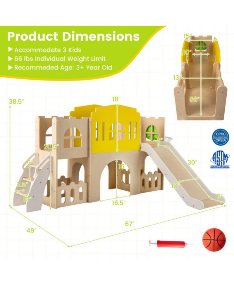 7-in-1 Wooden Slide and Climber Set with Basketball Hoop