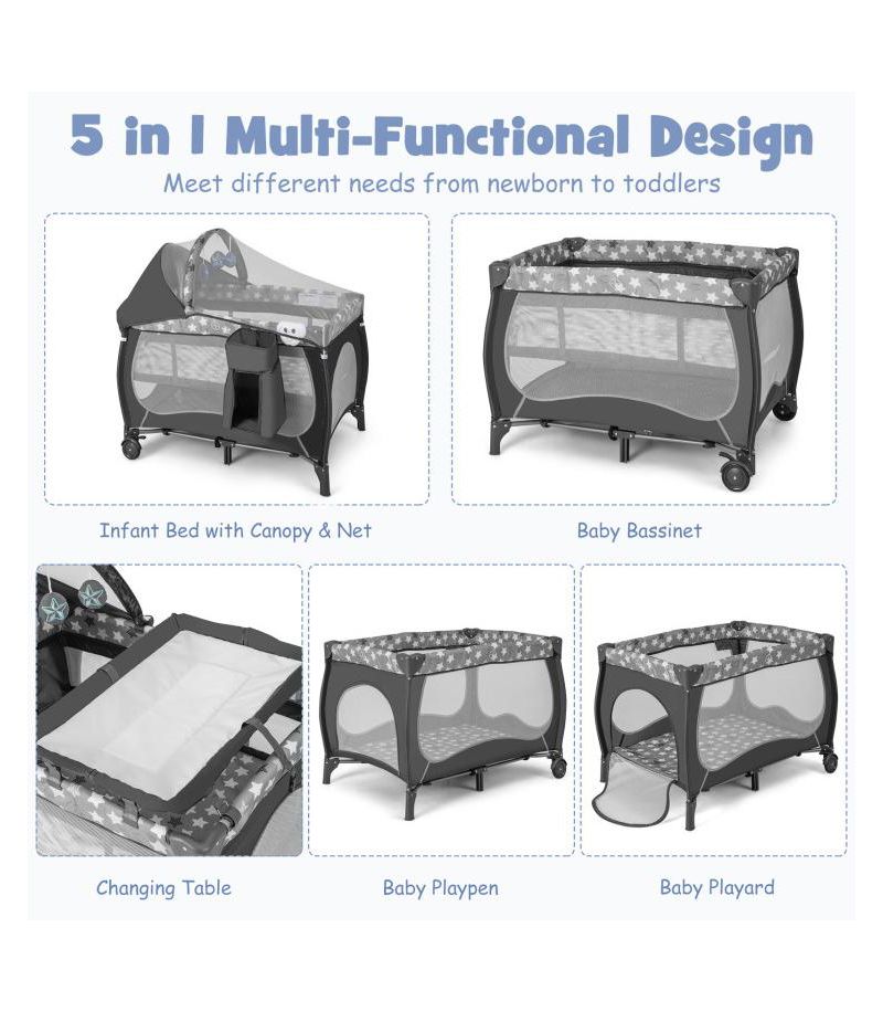 4-in-1 Portable Baby Playard with Bassinet and Adjustable Canopy