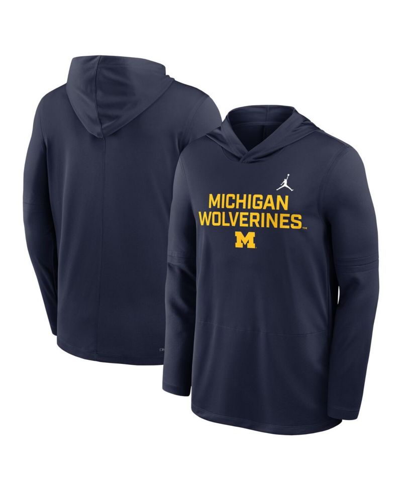 Men's Navy Michigan Wolverines 2025 Sideline Performance Long Sleeve Hoodie T-Shirt
