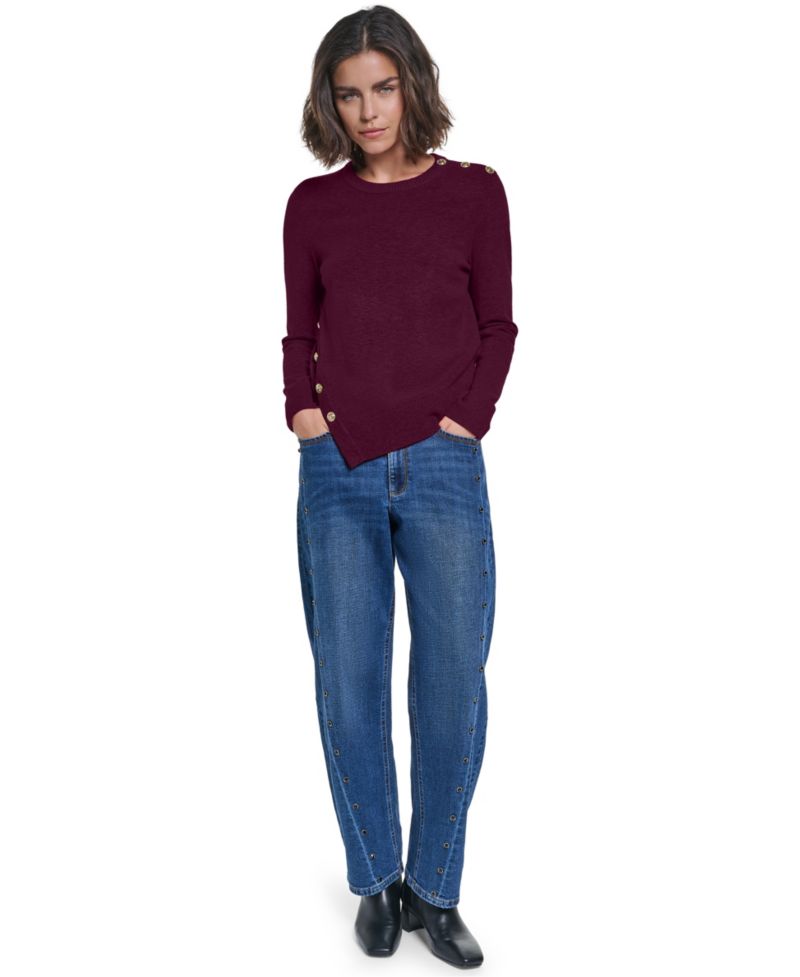 Petite Crewneck Long-Sleeve Asymmetrical-Hem Sweater