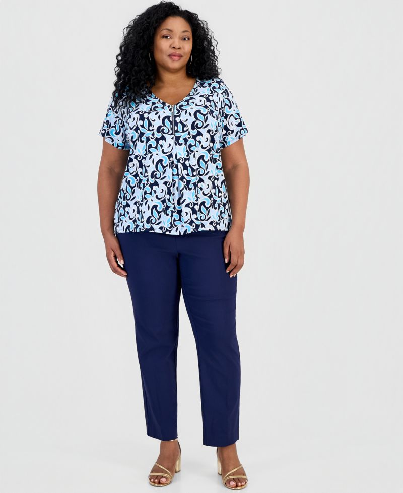 Petite Scroll Zipper V-Neck Top