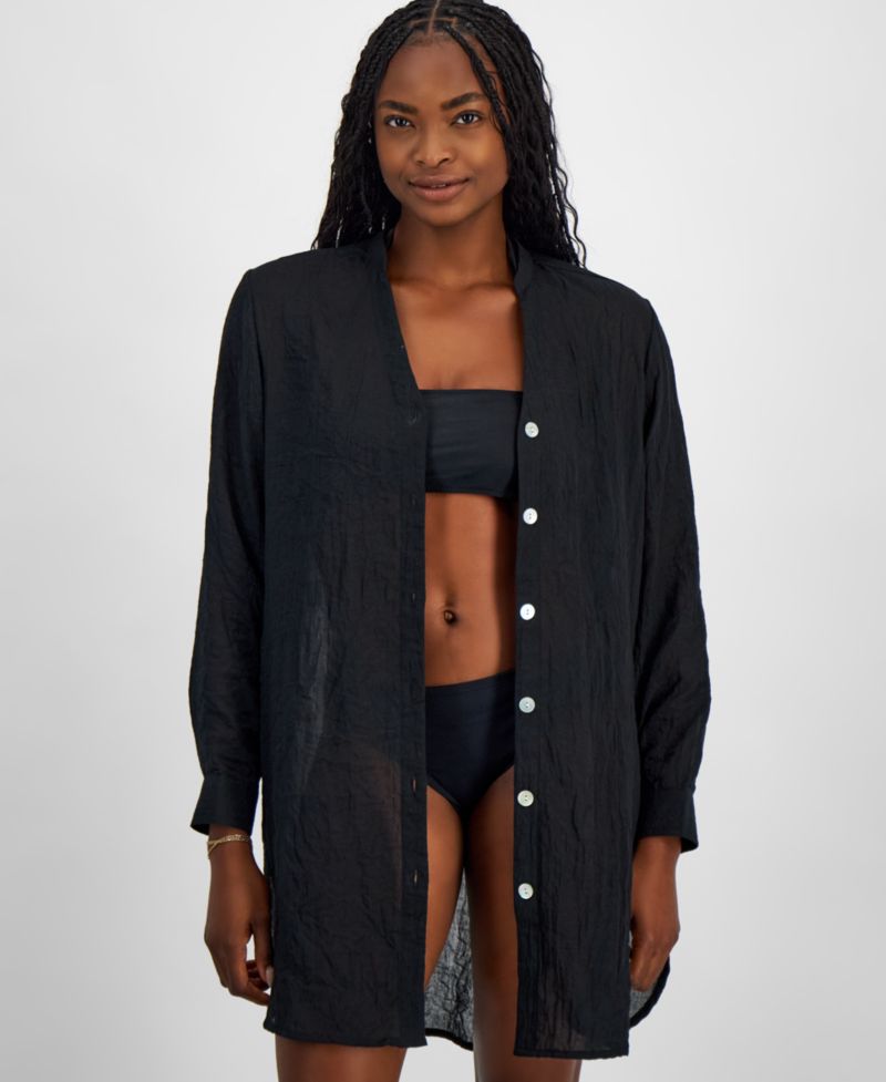 Women's Big Shirt Button-Front Long-Sleeve Swim Cover-Up