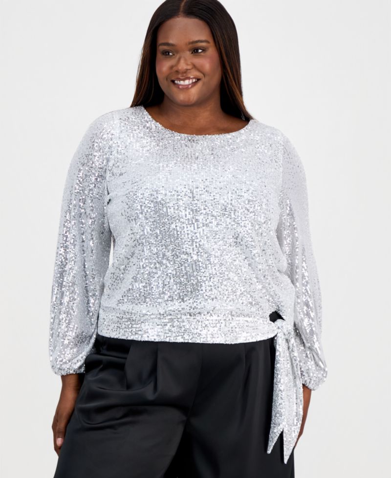 ASL Plus Size Sequin Blouson-Sleeve Top