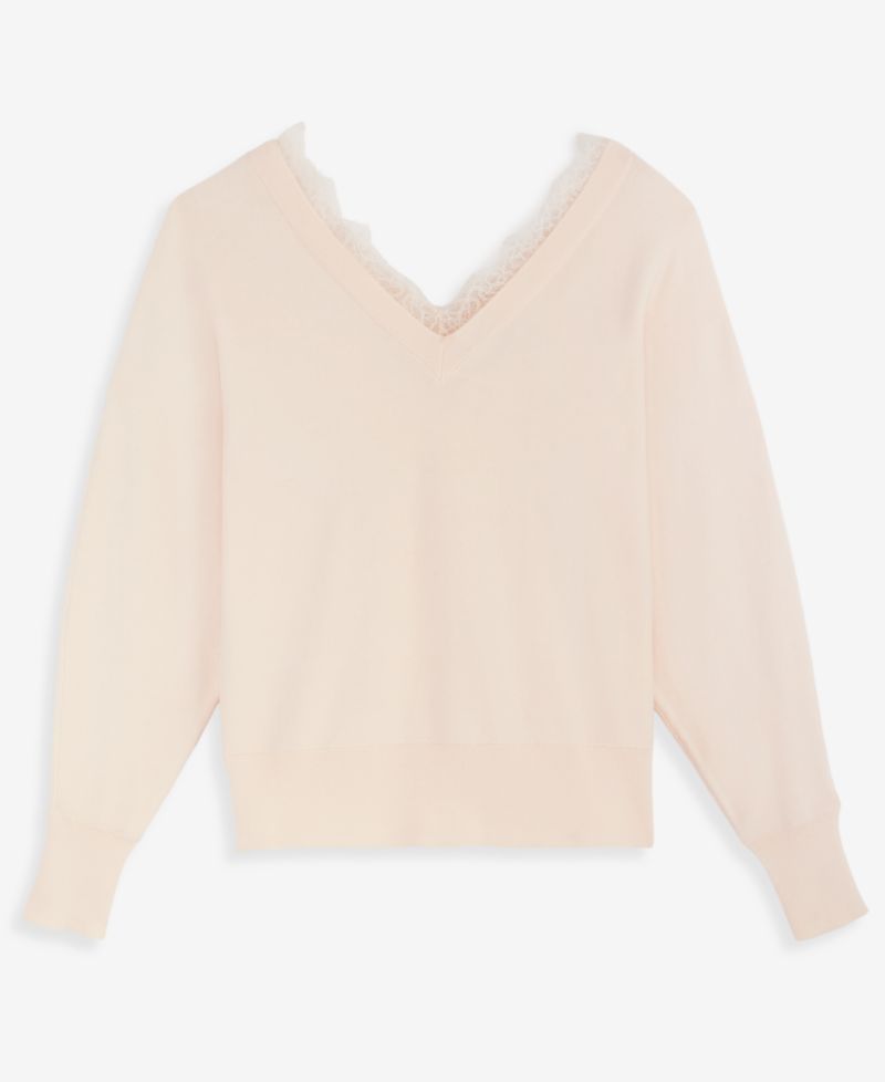 Petite Lace Trim Double V Neck Dolman Long-Sleeve Viscose-Blend Sweater