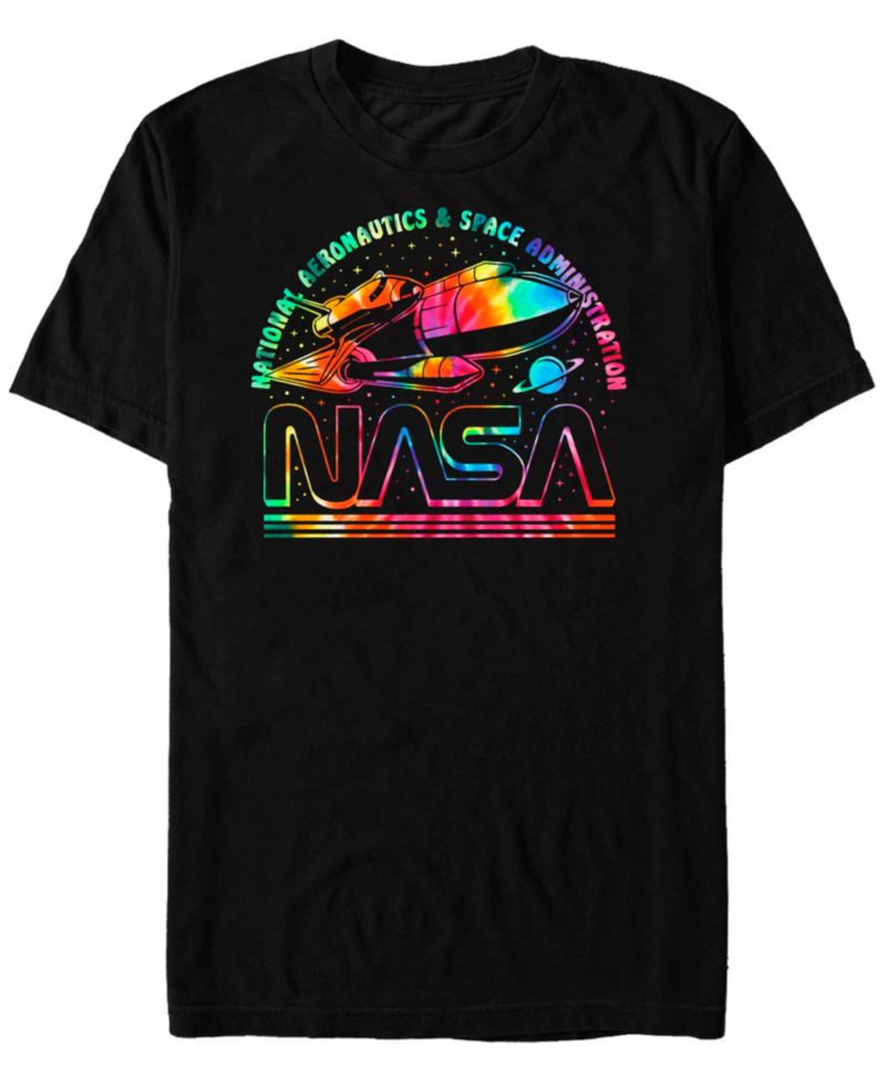 NASA Men's Rainbow Tie Dye Rocket Logo Short Sleeve T- shirt