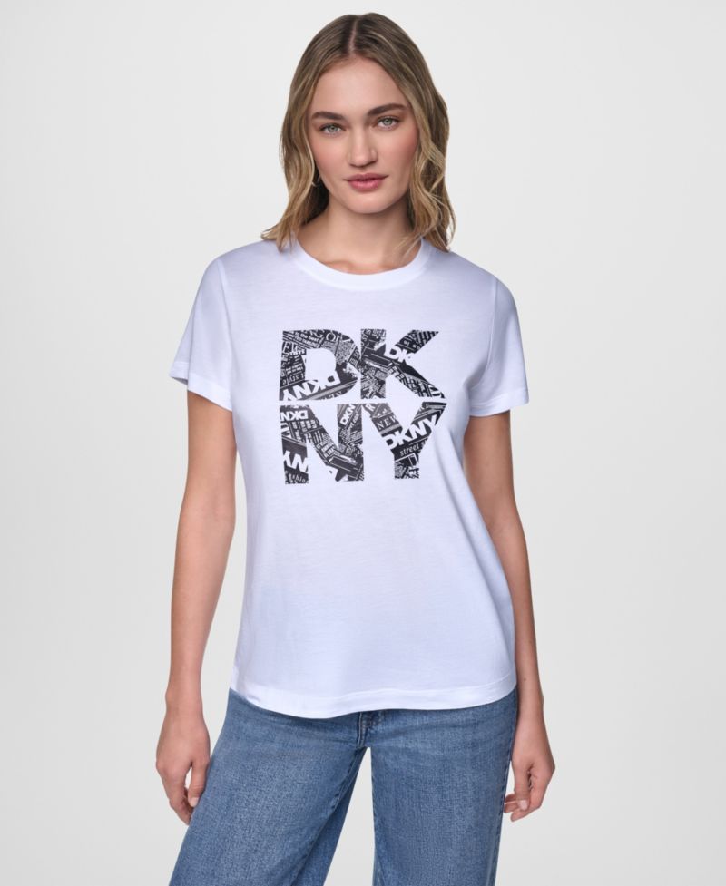 Women's Short-Sleeve Newsprint DKNY Stacked Logo Crewneck T-Shirt