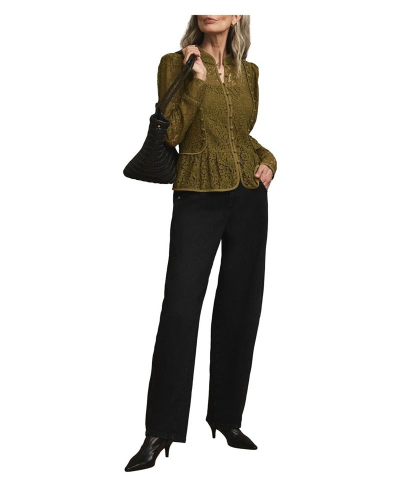 Women's High-Neck Puff-Shoulder Peplum Lace Blouse
