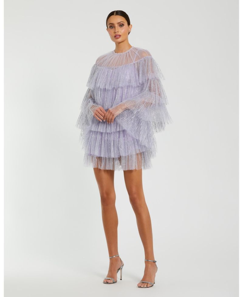 Women's High Neck Tiered Ruffle Pearl Beaded Cape Dress