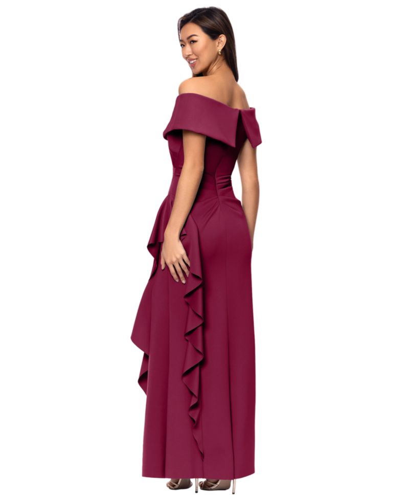 Petite Sweetheart Neck Side Ruffle Off-The-Shoulder Long Dress