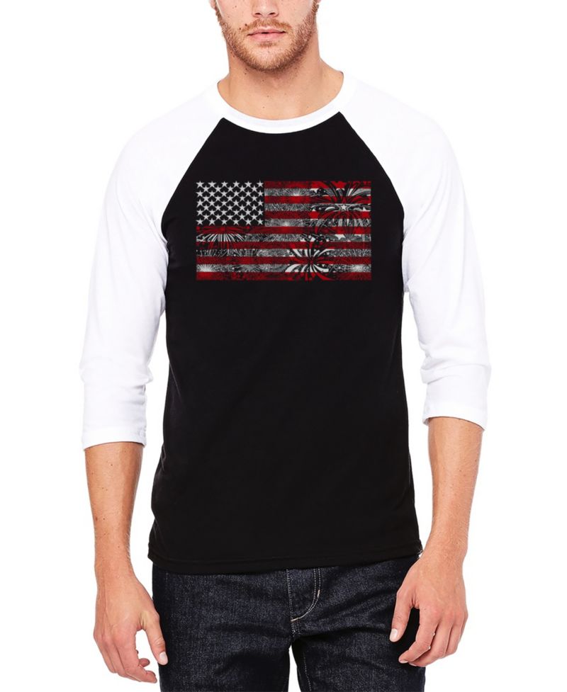 Men's Raglan Baseball Word Art Fireworks American Flag T-shirt