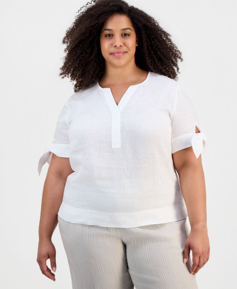 Plus Size 100% Linen Split-Neck Tie-Cuff Top