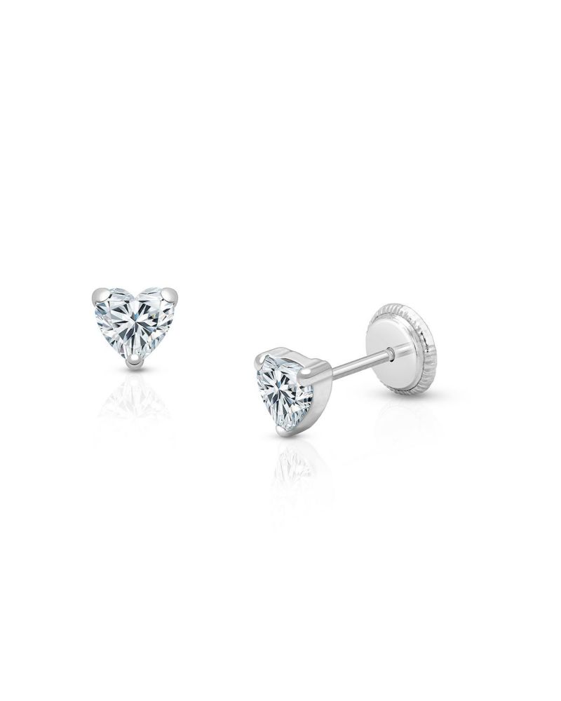 14K Gold Clear Heart Stud Screw Back Earrings