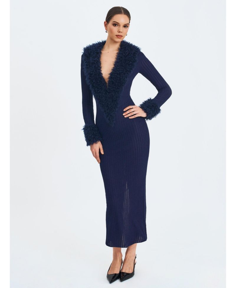 Women's Romina Plunging Fur Trimmed Crochet Maxi Dress