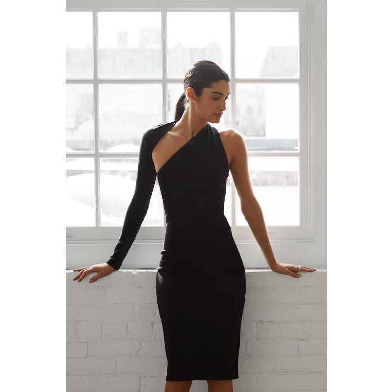 Women's Manhattan One-Shoulder Long-Sleeve Open-Back Fitted Midi Dress