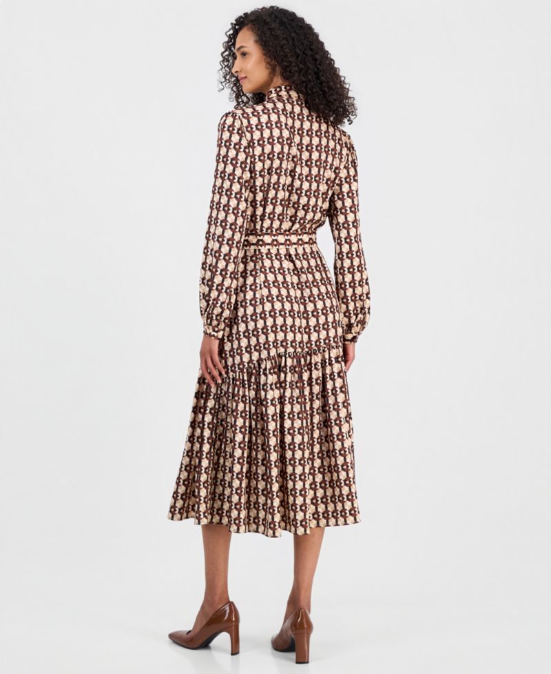 Women's Long-Sleeve Button-Down Peplum Midi Dress