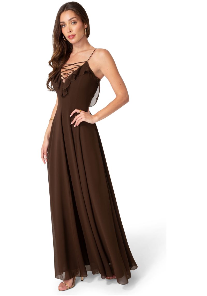 Women's Lace Up Ruffle Chiffon Maxi Dress