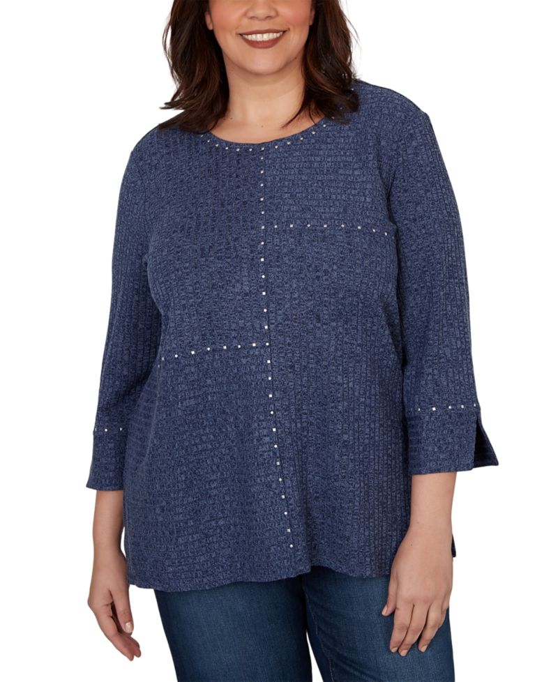 Plus Size Spliced Texture Metallic Studded Top