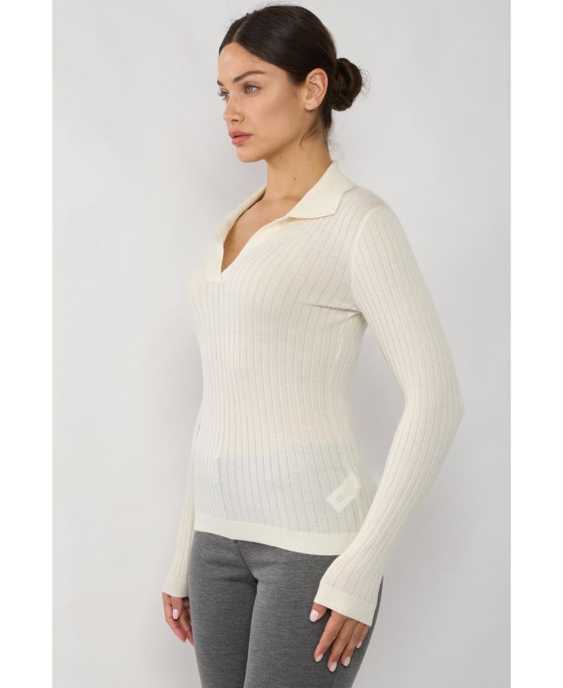 Women's Tissue Weight Cashmere Silk Rib-knit Johnny Collar Polo Sweater