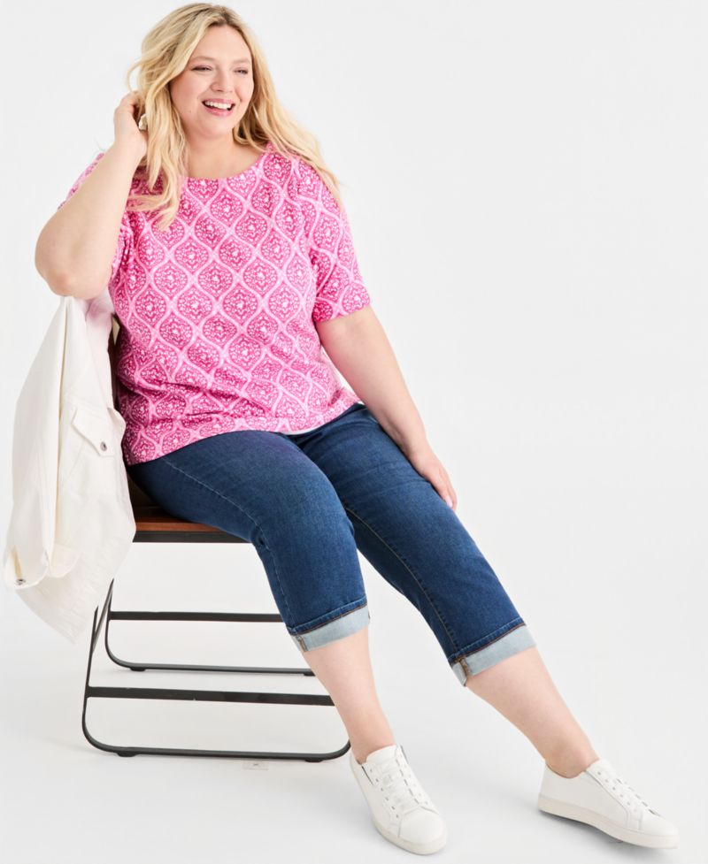 Petite Printed Boat-Neck Elbow-Sleeve Top