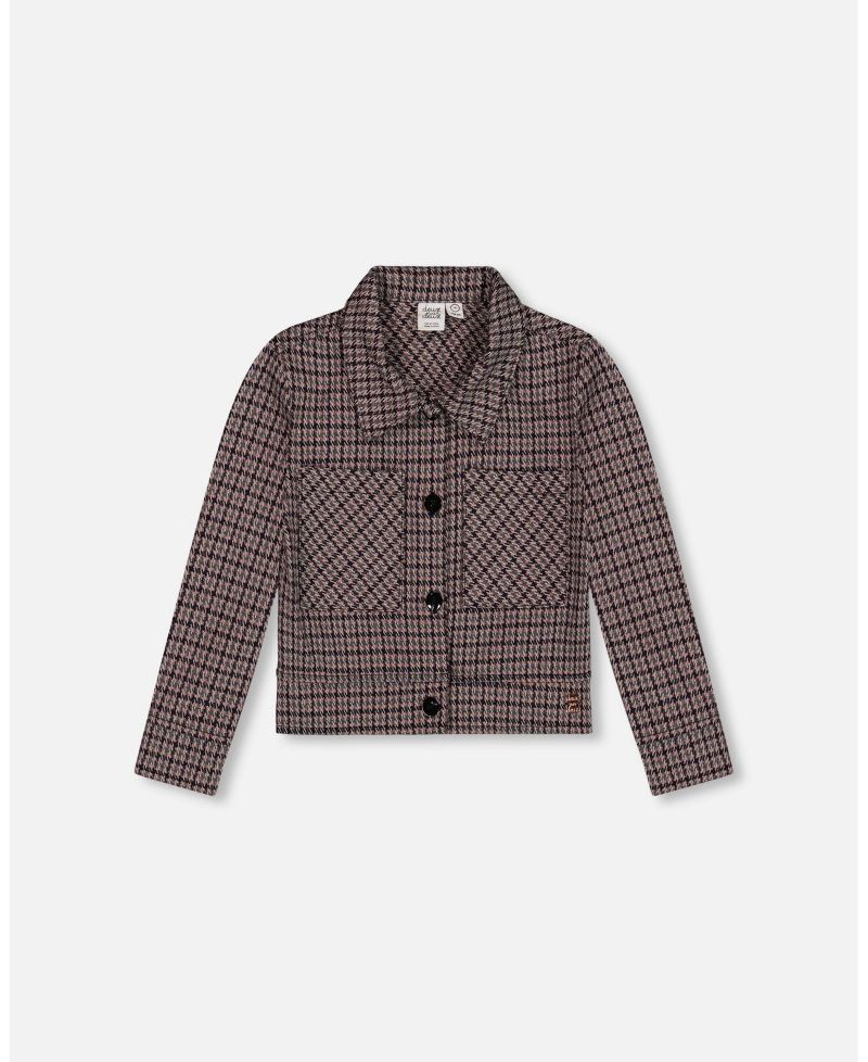 Toddler Girls Jacquard Knit Jacket with Houndstooth Pattern - Toddler|Child