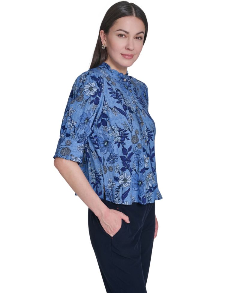 Women's Floral Print Elbow-Sleeve Blouse