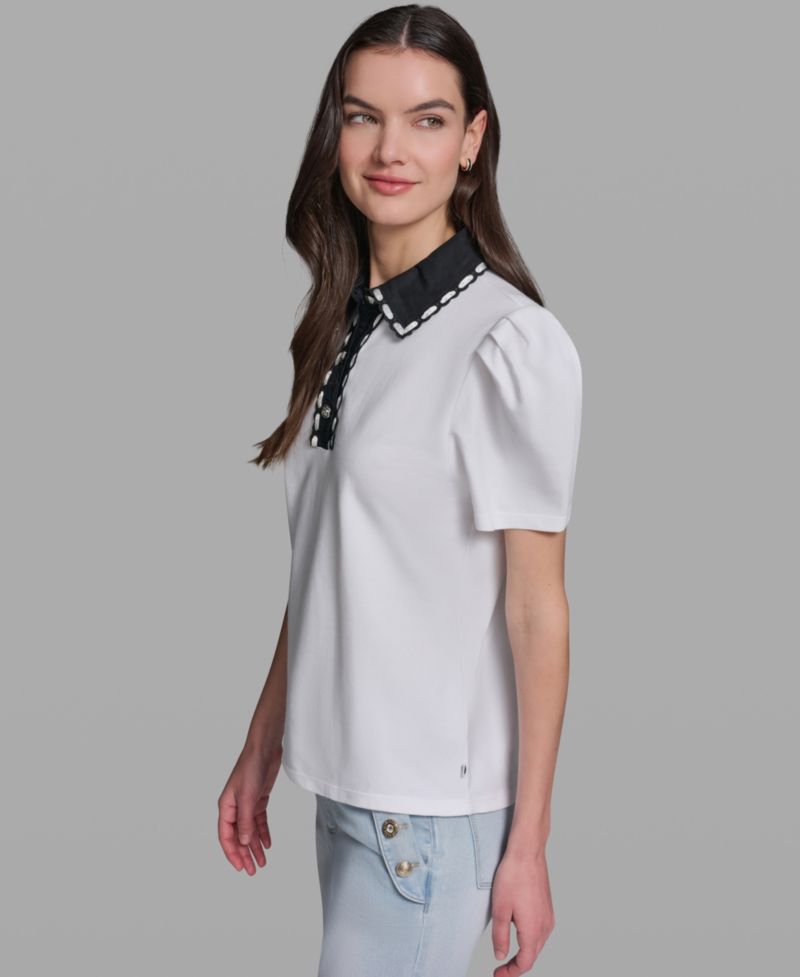 Petite Button-Up Polo Collar Top
