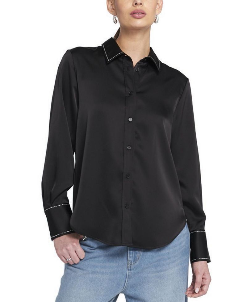 Women's Sparkle Trim Satin Shirt Button Down Top