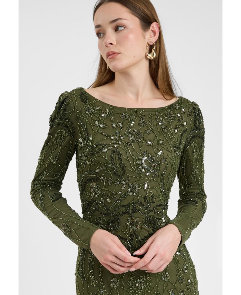 Women's Modest Embellished Sequin Beaded Dress Maxi With Wide Neck