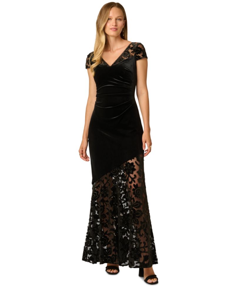 Women's V-Neck Velvet Floral-Print Gown