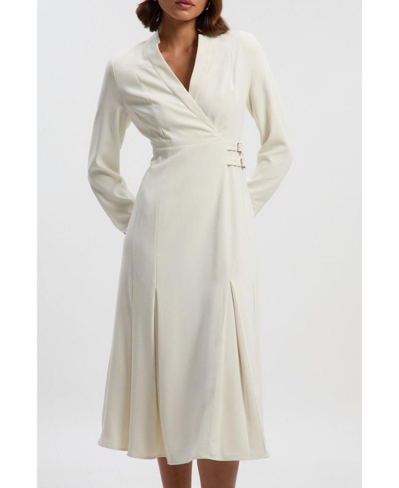 Women's Crepe Buckle Waist Midi Shirt Dress