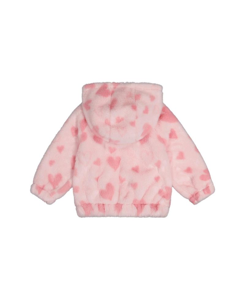 Baby Girl (12M - 24M) Hooded Full Zip Faux Fur Jacket Printed with Hearts