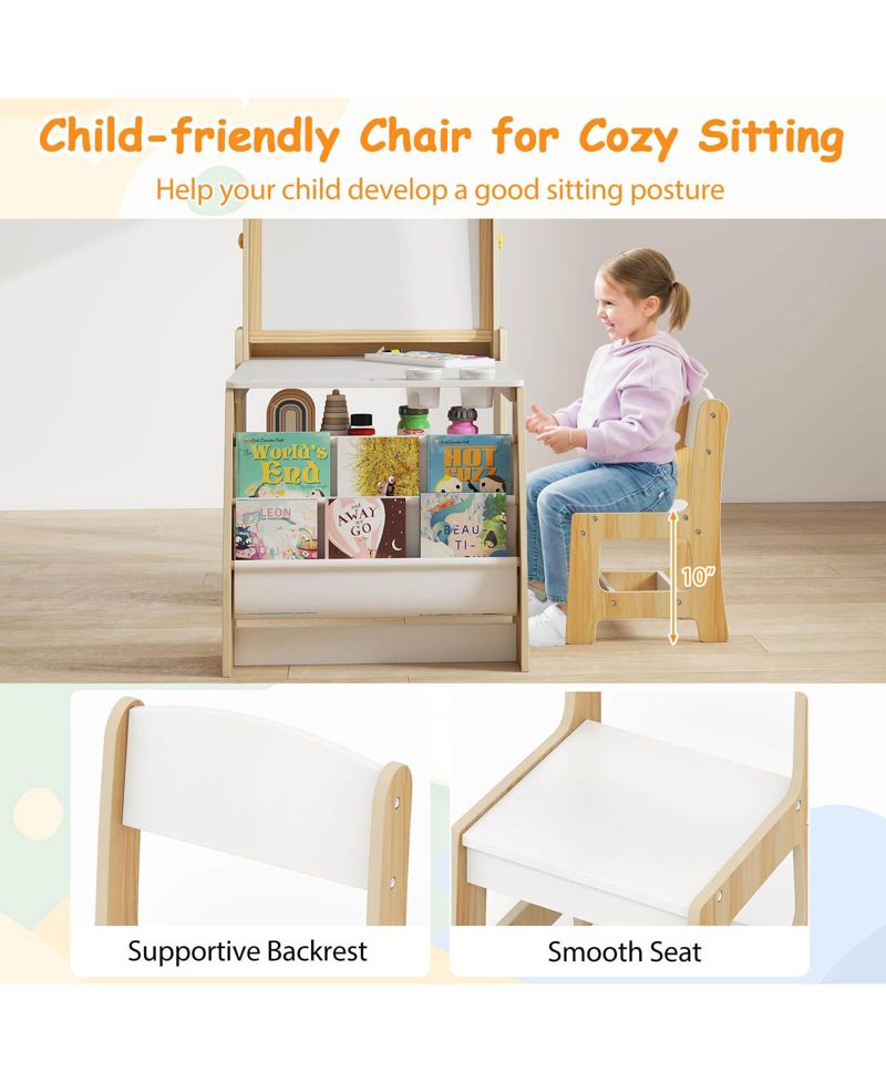 Kids Art Table and Chair Set with Easel Whiteboard Chalkboard Paper