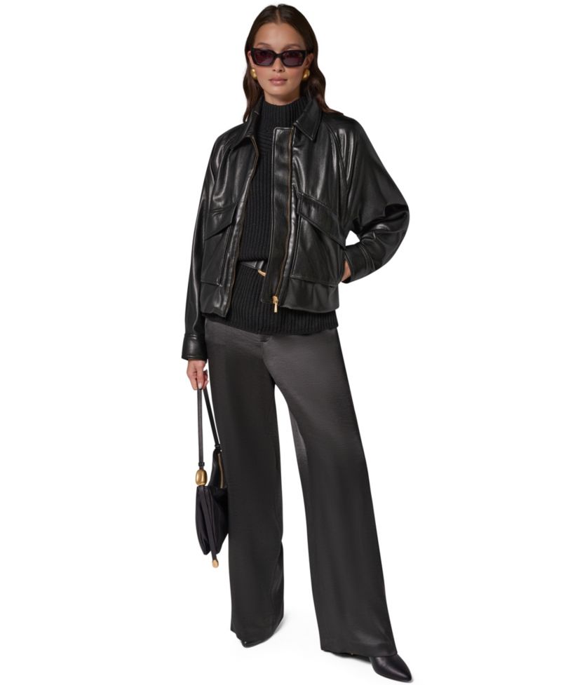 Women's Short Raglan Collared Faux Leather Jacket