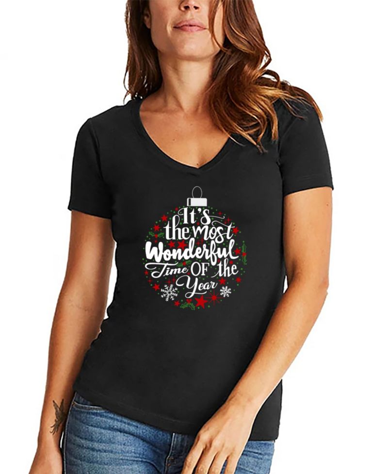 Women's Christmas Ornament Word Art V-Neck T-Shirt