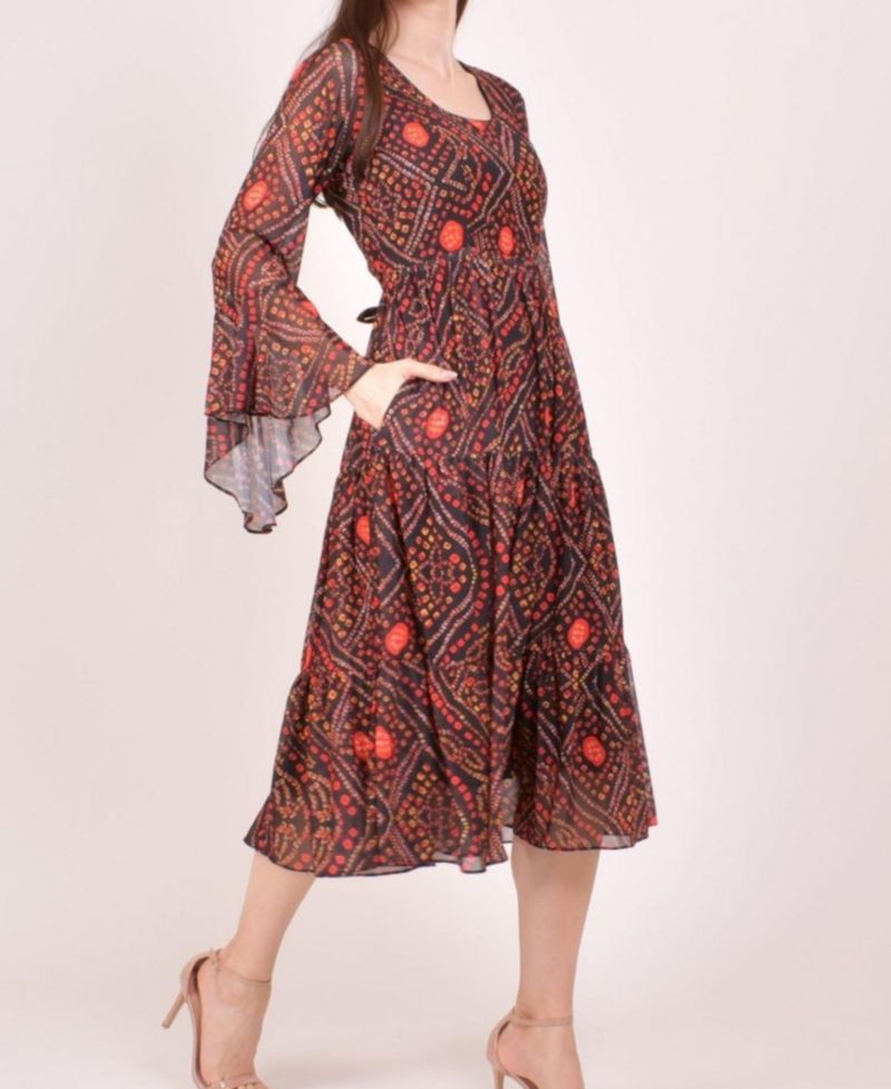 Women's Bandhani Bell Sleeve Tiered Midi Dress