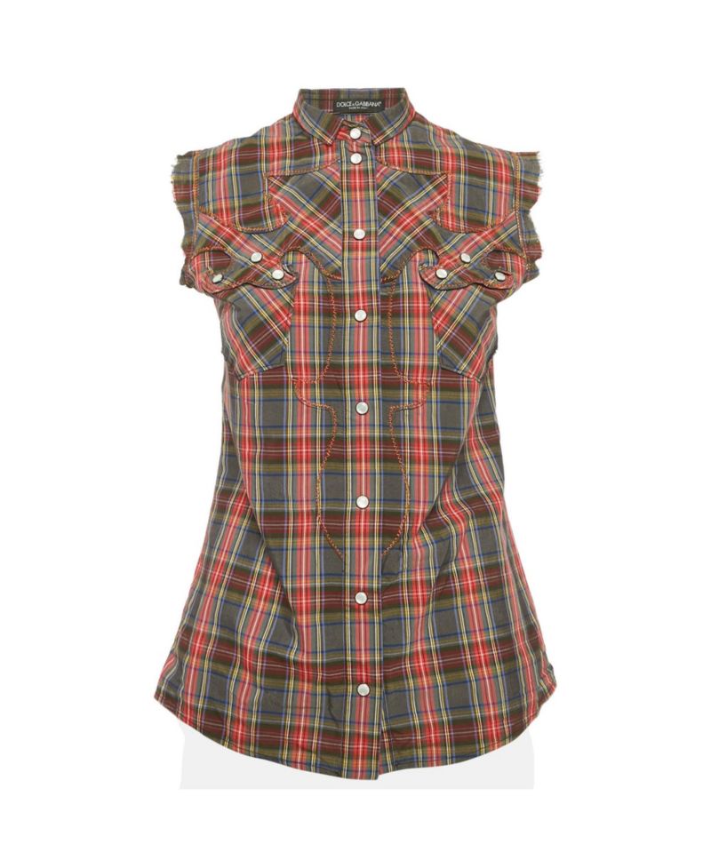 Plaid Cotton Pearl Snap Button Detail Sleeveless Shirt