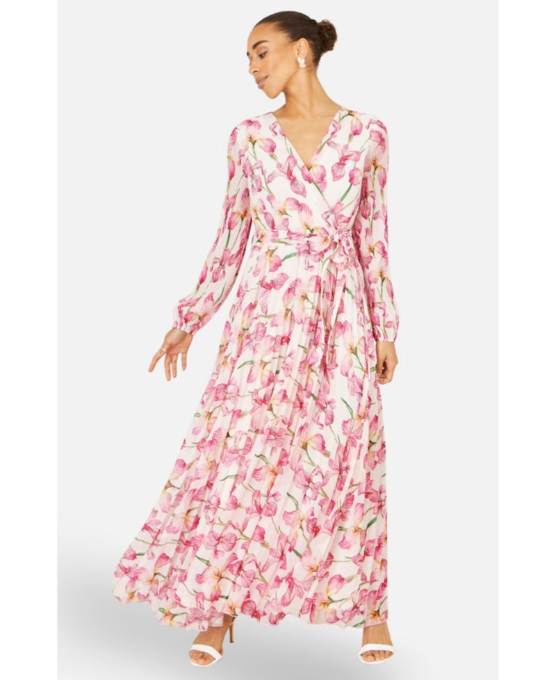 Women's Orchid Floral Pleated Wrap Maxi Dress