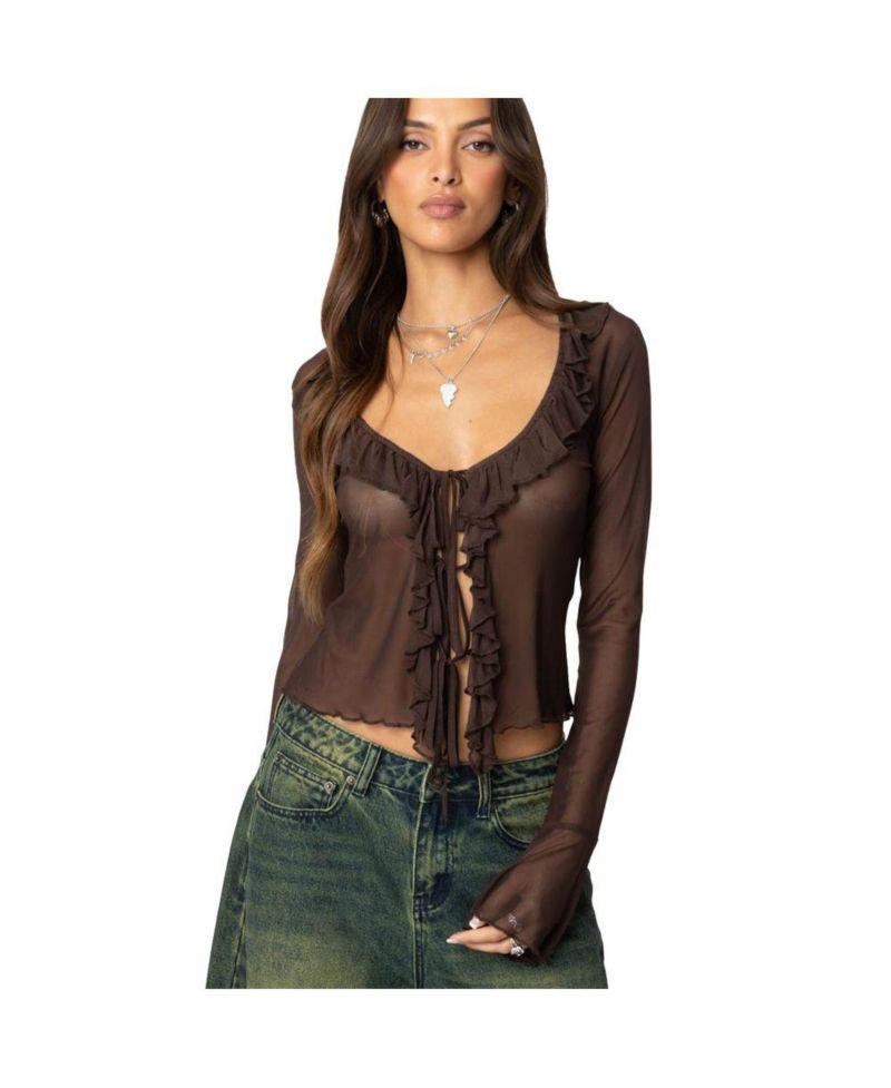 Women's Sheer Mesh Ruffled Top